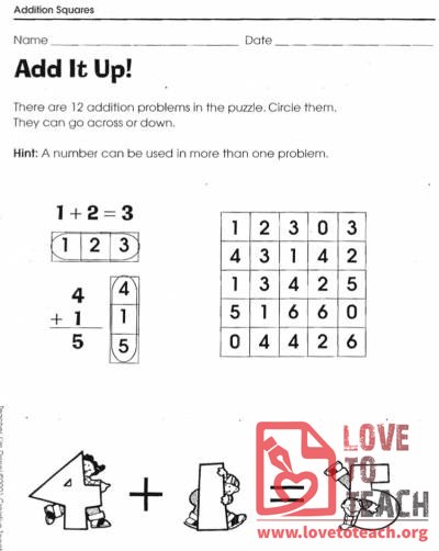 Addition Squares Worksheets