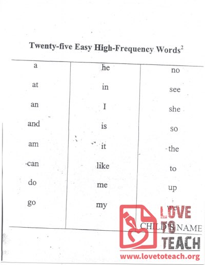 Twenty-five Easy High-Frequency Words