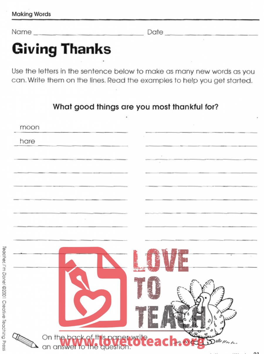 Giving Thanks Word Activity