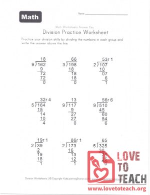 Division Practice Worksheet With Remainder (B) With Answers