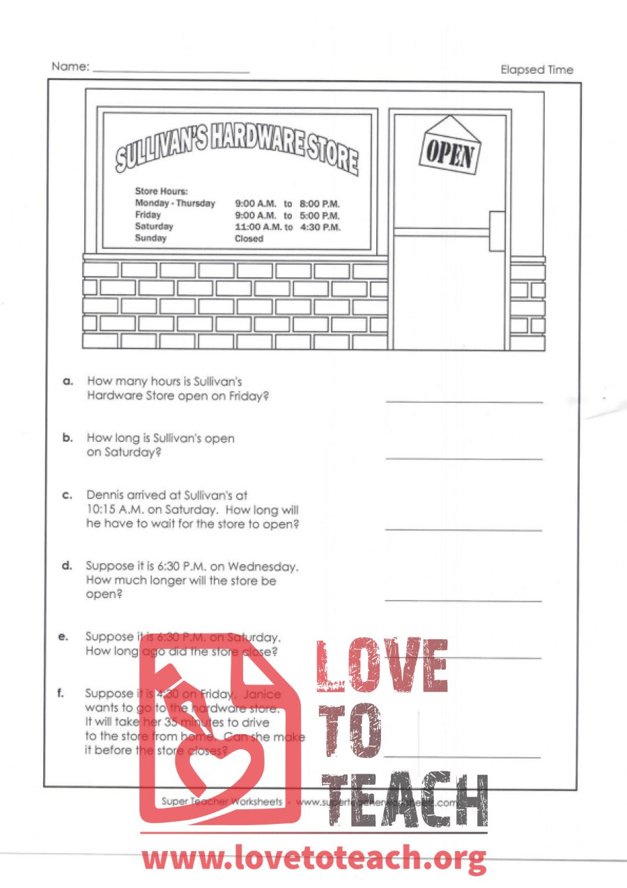 Elapsed Time - Sullivan's Hardware Store w/ Answer Key