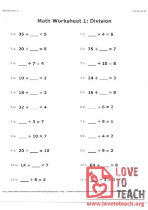 Math Worksheet 1 - Division (with Answer Key)