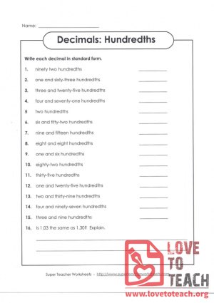 Decimals - Hundreths - Words to Numbers (with Answer Key)