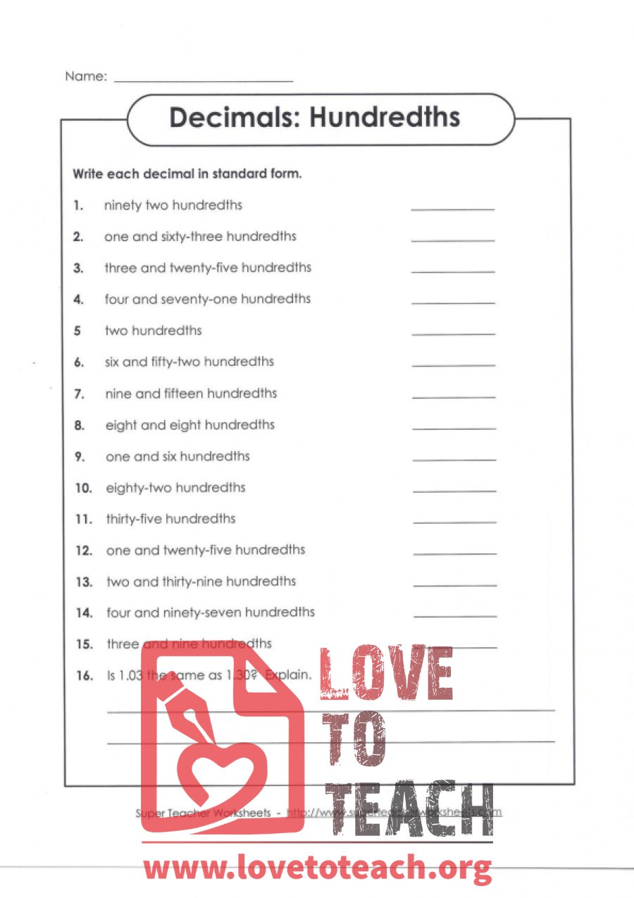Decimals - Hundreths - Words to Numbers (with Answer Key)