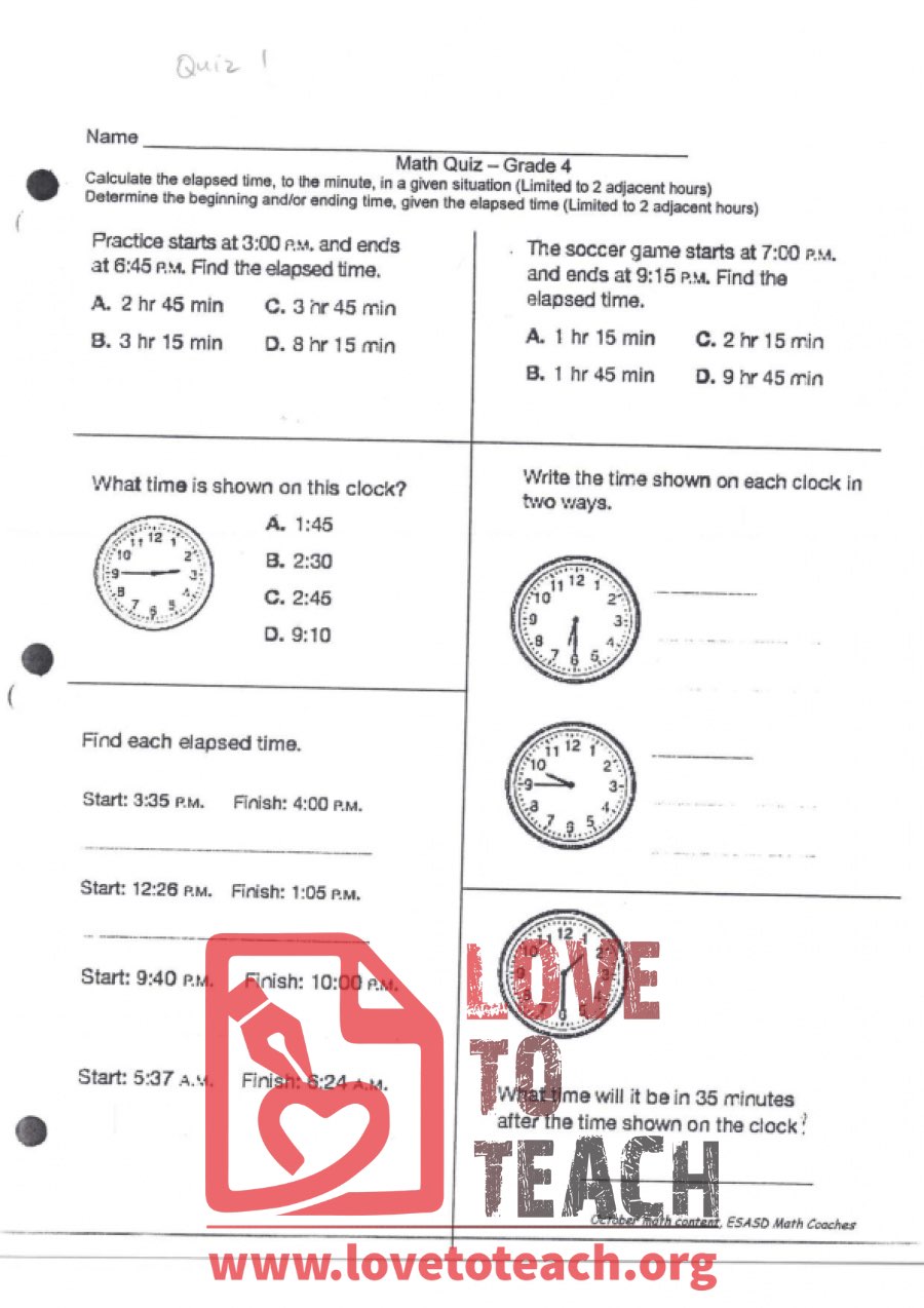 Telling Time Math Quiz