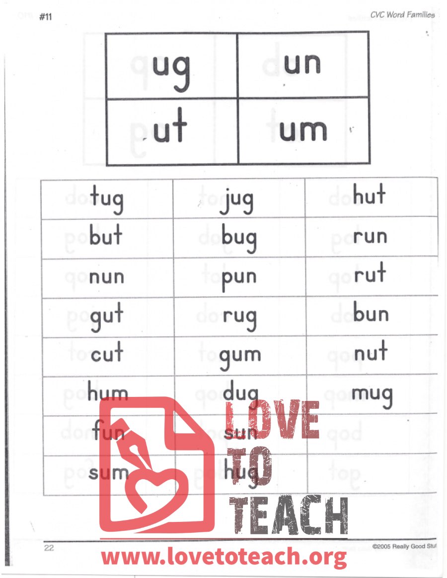 CVC Word Families - ug, un, ut, um