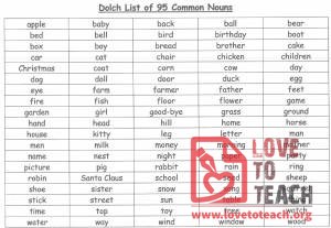 Dolch List of 95 Common Nouns