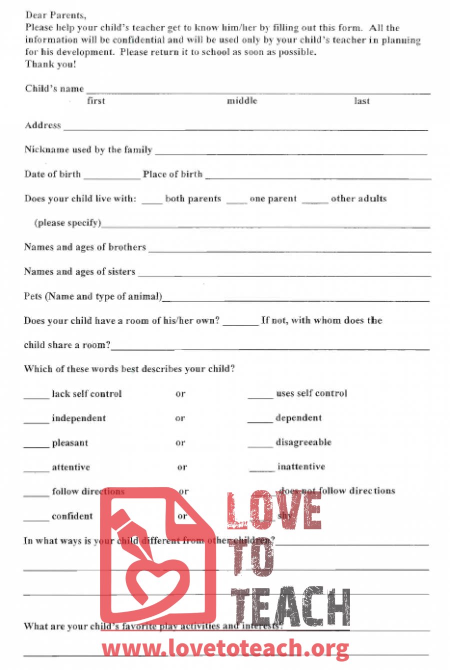 Parent Survey of Child