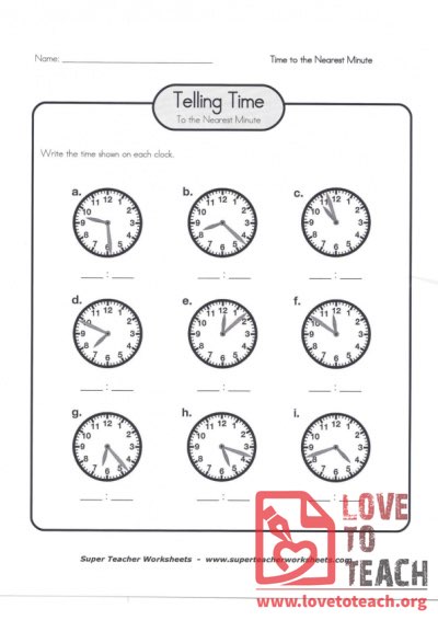 Telling Time to the Nearest Minute (A) (with Answer Key)