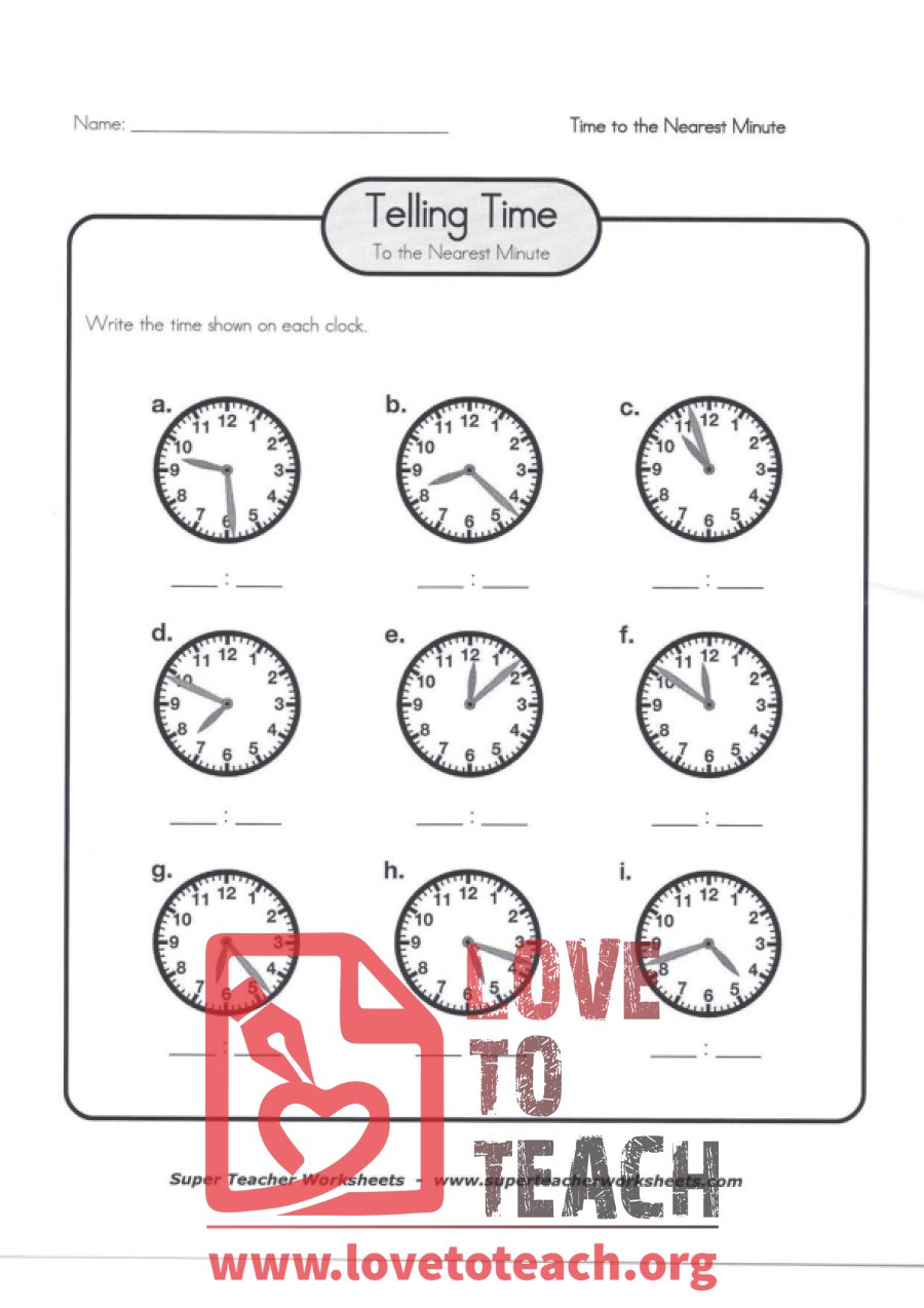 Telling Time to the Nearest Minute (A) (with Answer Key)