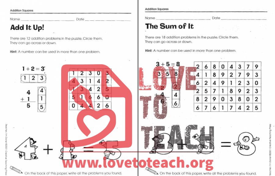 Addition Squares Packet