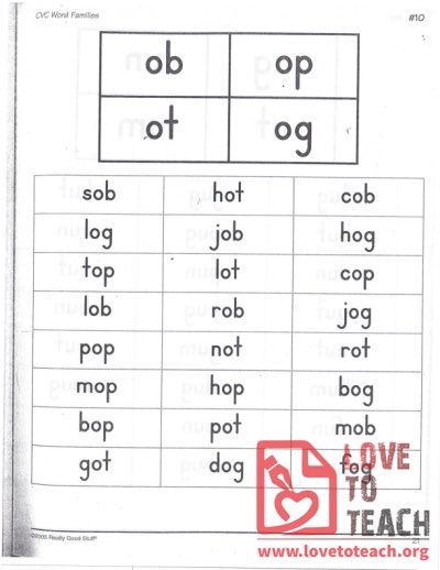 CVC Word Families - ob, op, ot, og