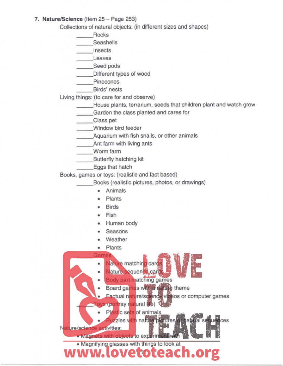 Nature - Science Materials Checklist