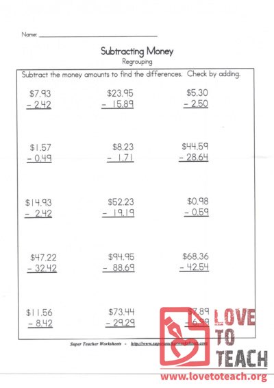 Subtracting Money (with Answer Key)