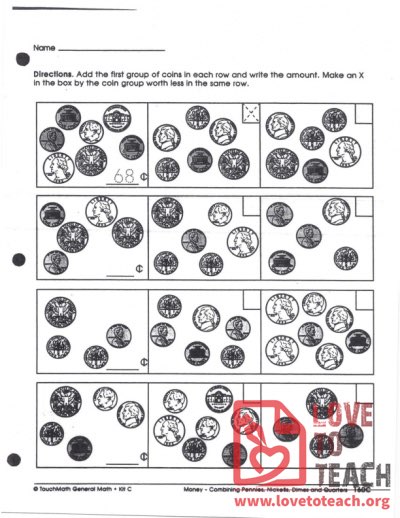Pennies, Nickels, Dimes, and Quarters (12/sheet)