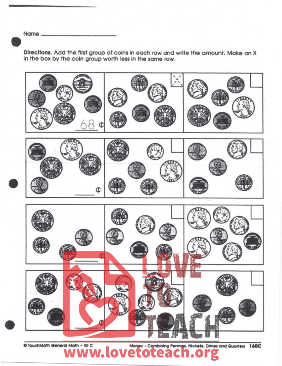 Pennies, Nickels, Dimes, and Quarters (12/sheet)