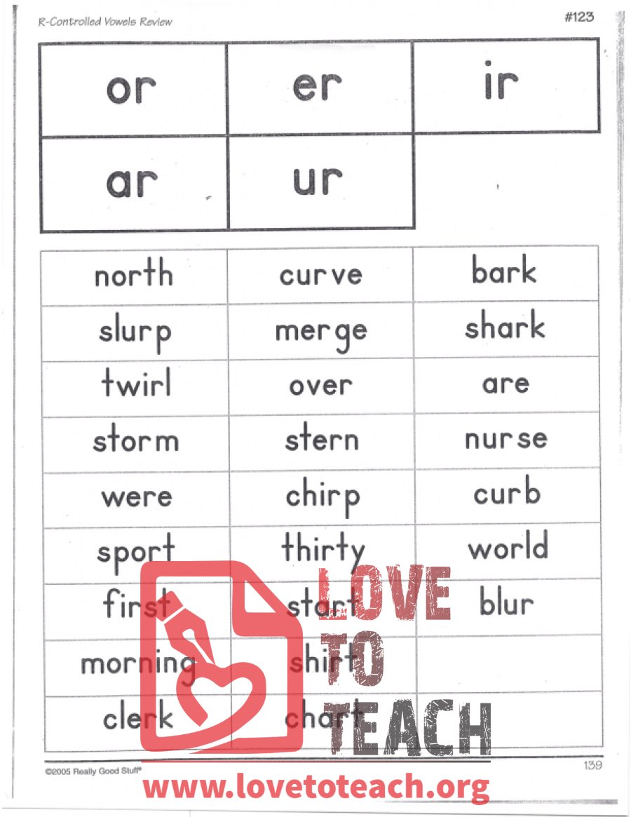 R-Controlled Vowels Review  LoveToTeach.org For R Controlled Vowels Worksheet