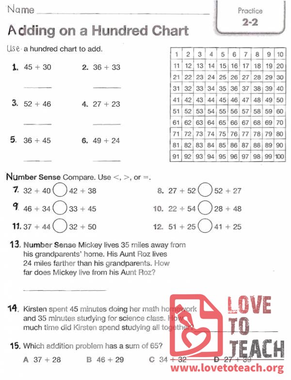 Subtracting Tens On A Hundred Chart Worksheet