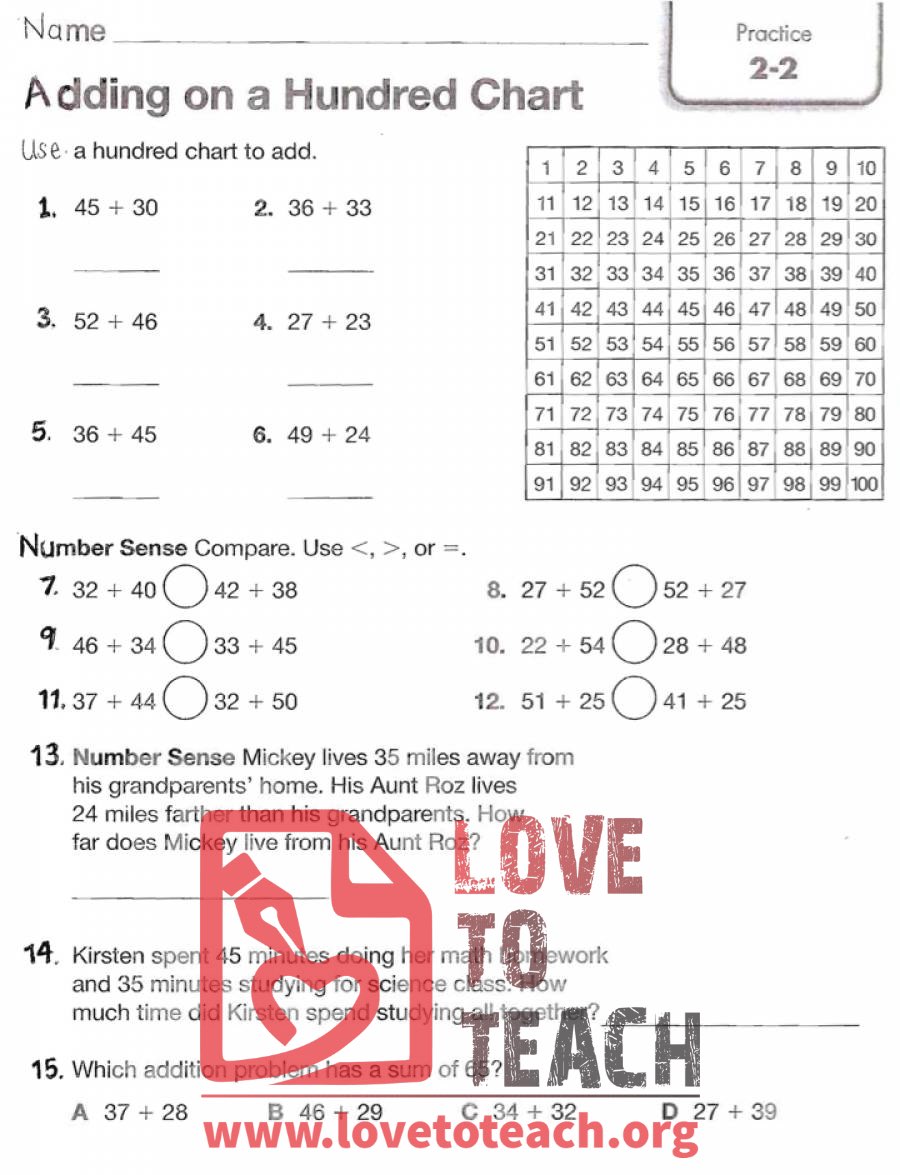 Adding on a Hundred Chart Worksheet