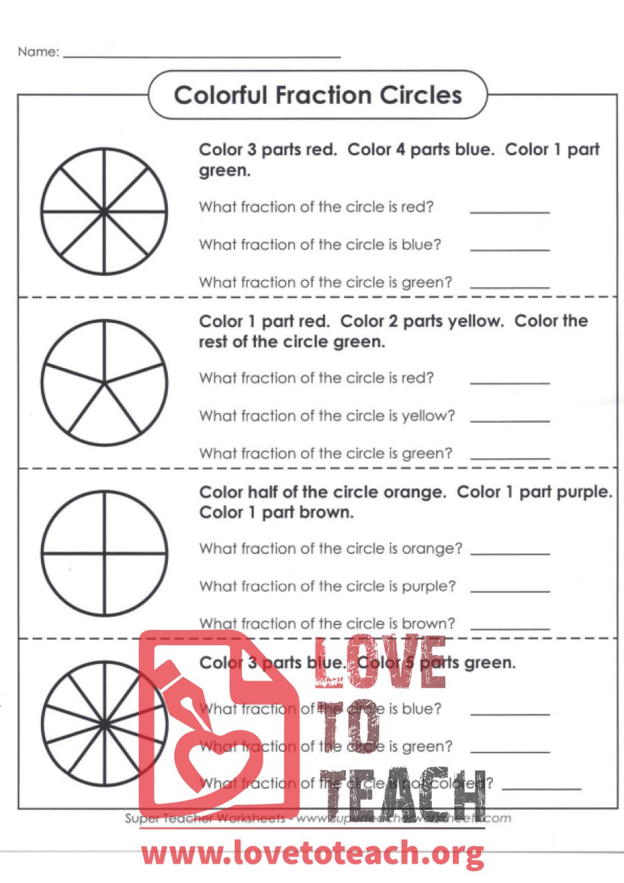Colorful Fraction Circles (with Answer Key)  LoveToTeach.org For Parts Of A Circle Worksheet