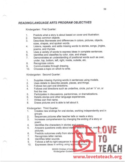 Kindergarten Reading and Language Arts Program Objectives