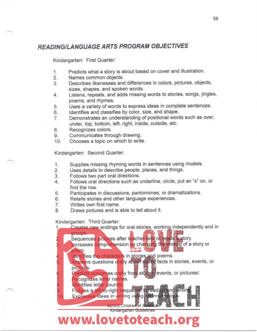 Kindergarten Reading and Language Arts Program Objectives