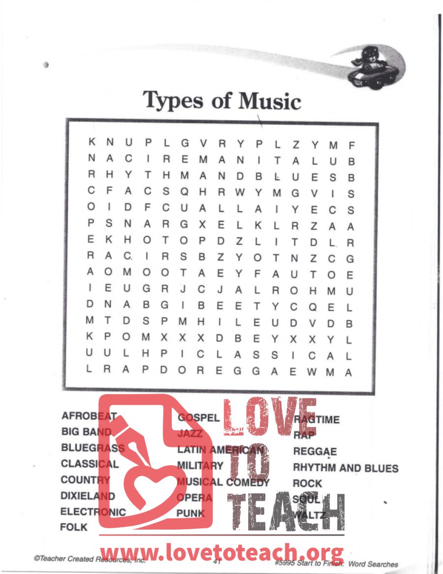 Types of Music Word Search