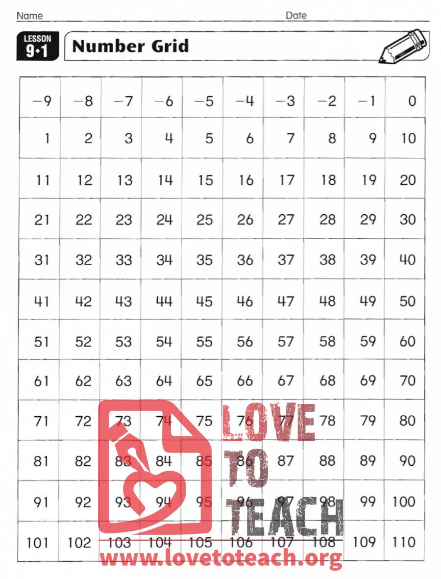Number Grid 9 To 110 Lovetoteach Org