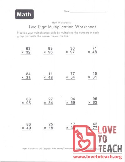 Two Digit Multiplication Worksheet (A) With Answers