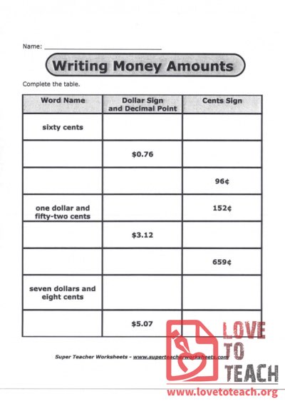 Writing Money Amounts (with Answer Key)