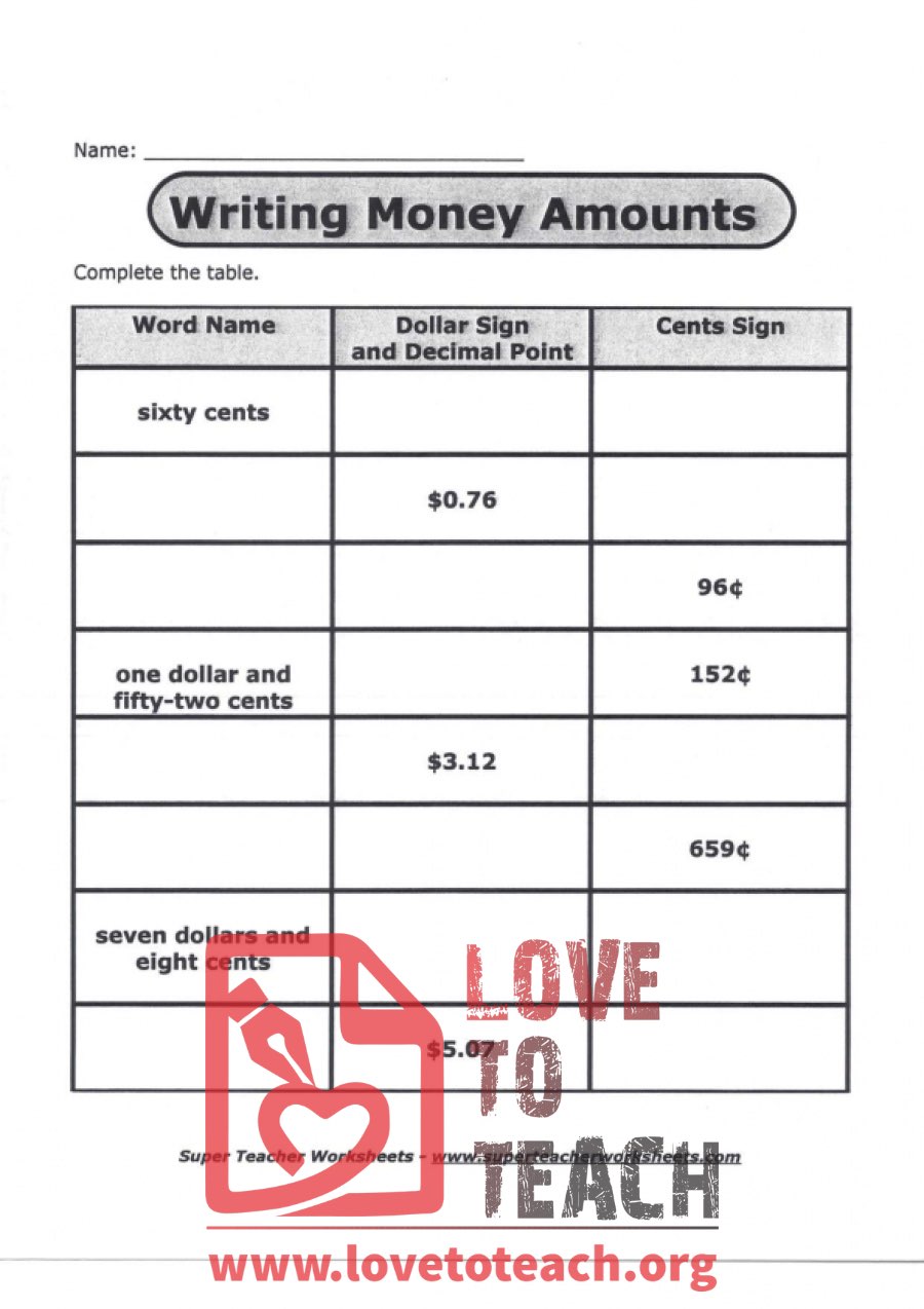 Writing Money Amounts (with Answer Key)