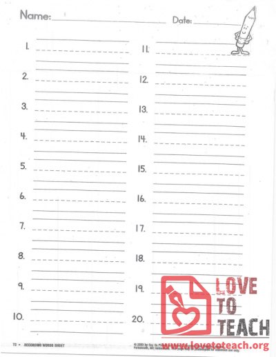 Recording Words Sheet