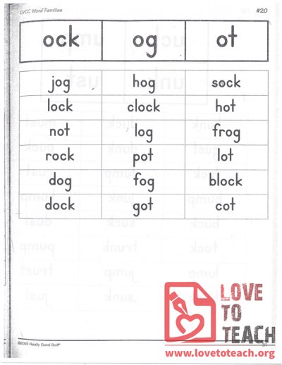 CVCC Word Families - ock, og, ot