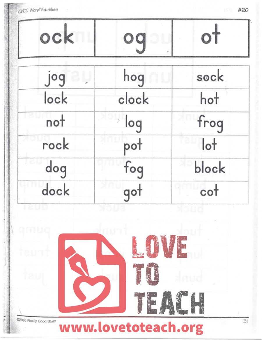 CVCC Word Families - ock, og, ot