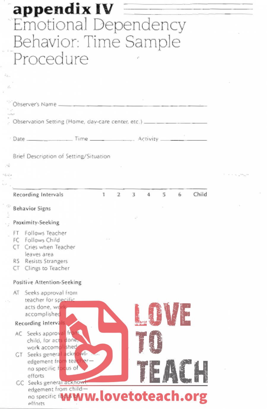 Emotional Dependency Behavior Time Sample Form