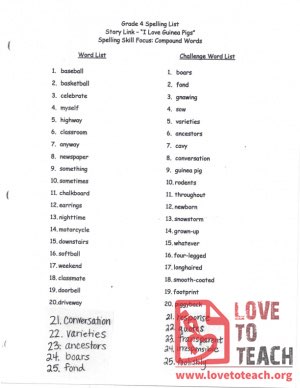 I Love Guinea Pigs - Spelling List