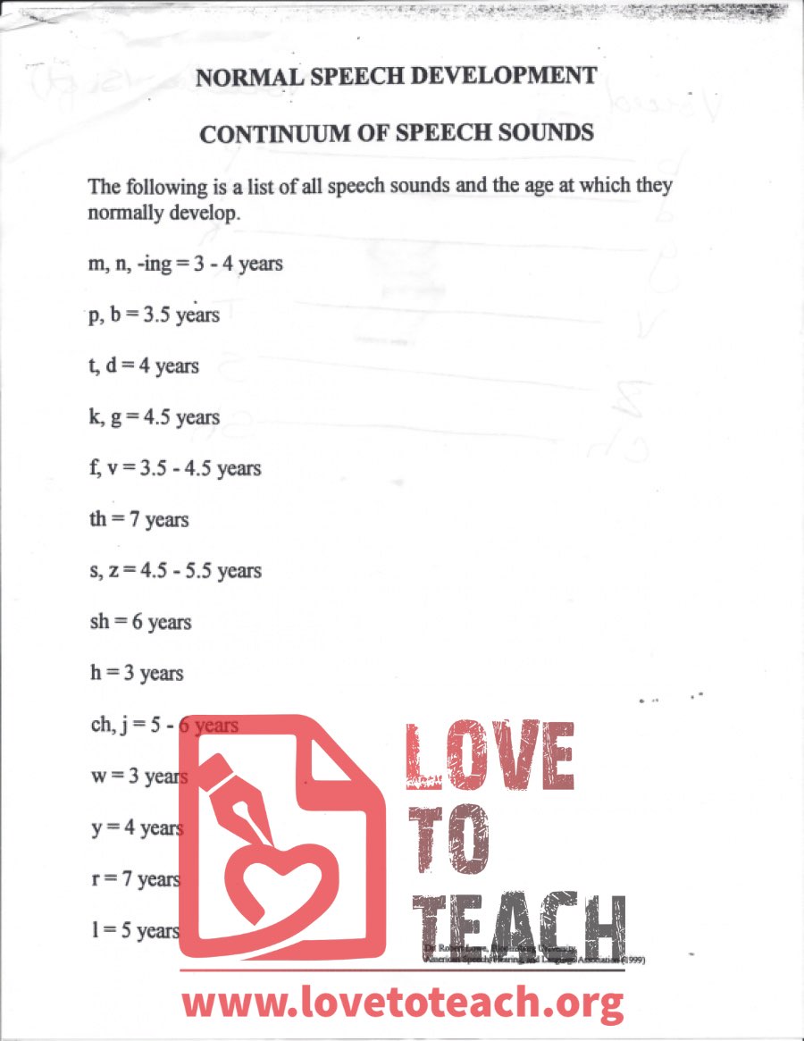 Normal Speech Development Continuum of Speech Sounds