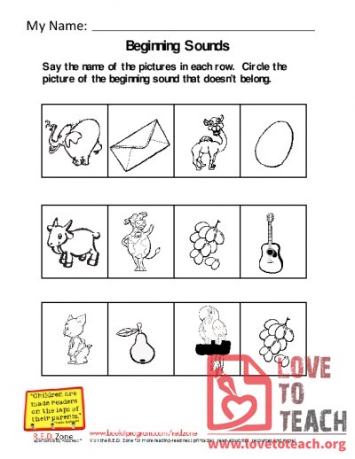 Beginning Sounds - Circle the picture that doesn&#039;t belong