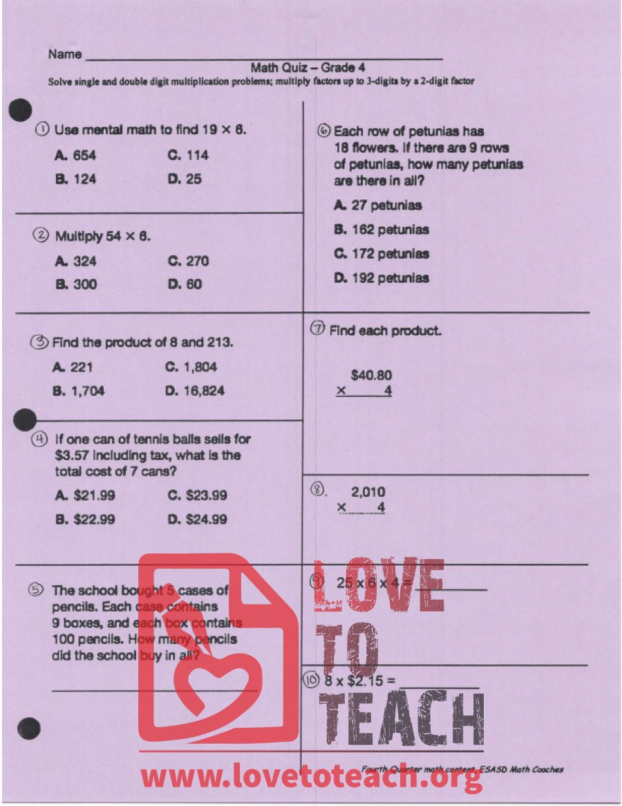 Single, Double, and Triple Digit Multiplication Quiz