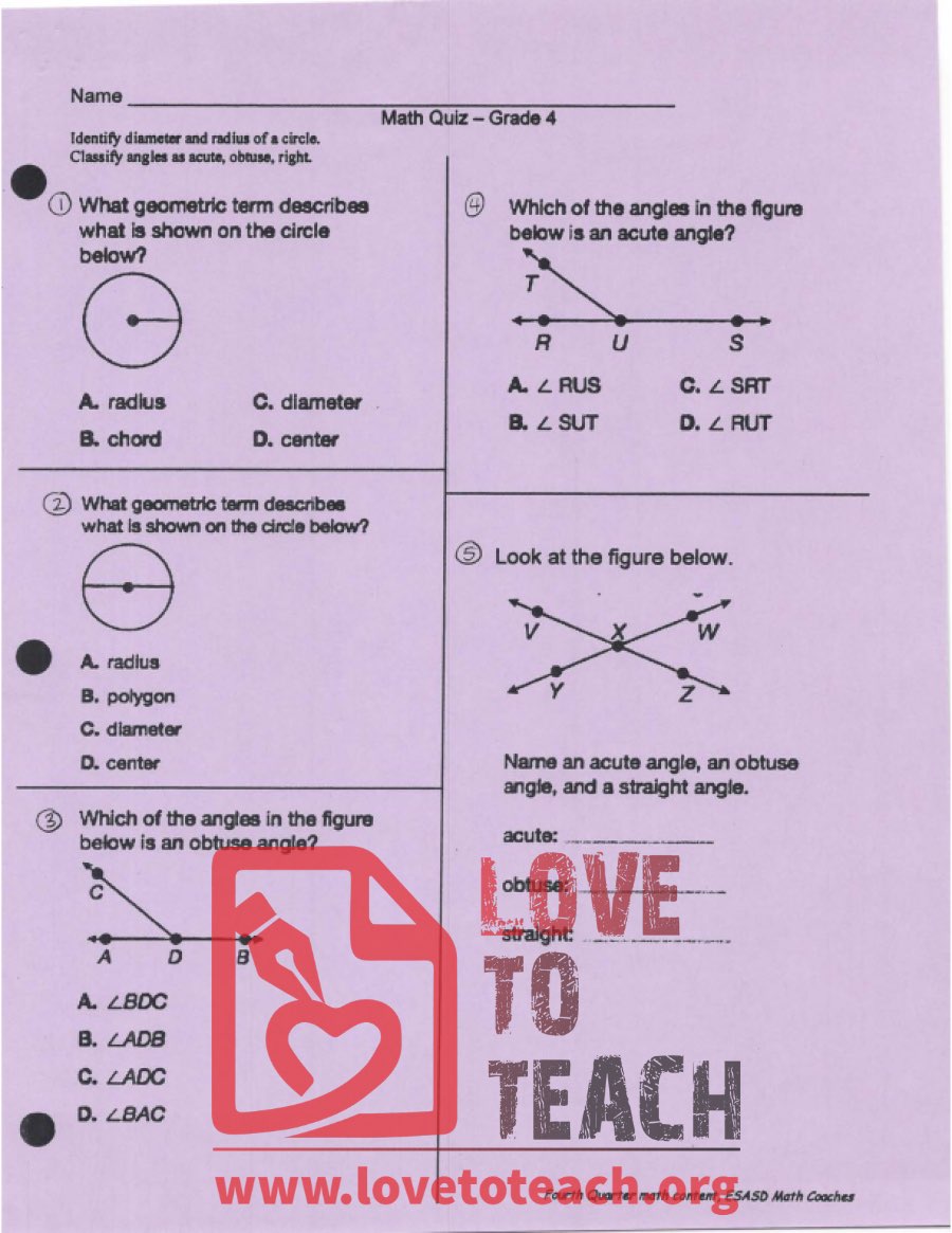 Diameter, Radius, and Angle Quiz - With Answers