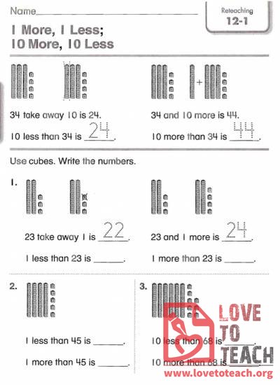 1 More, 1 Less; 10 More, 10 Less - Reteaching