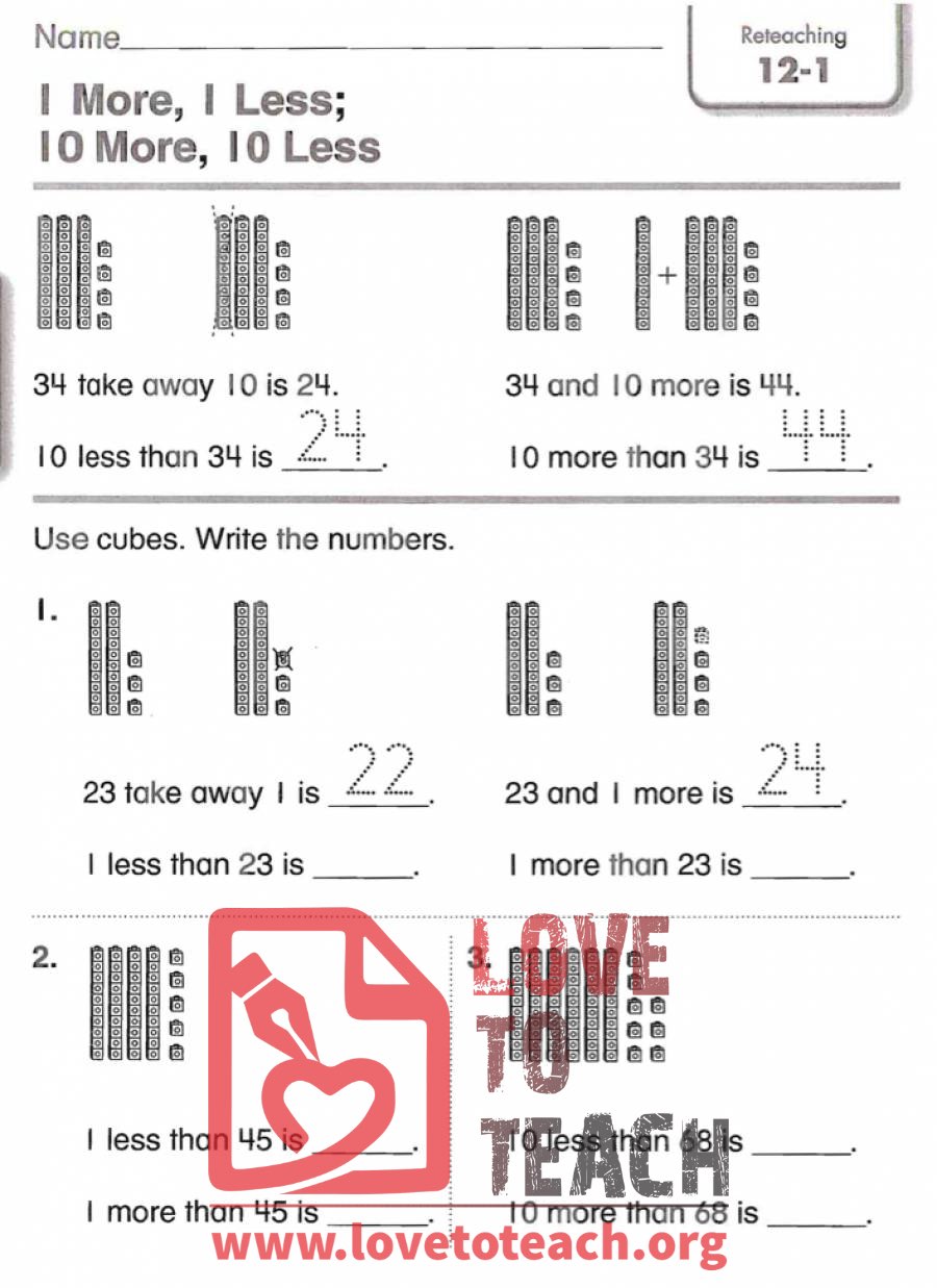 1 More, 1 Less; 10 More, 10 Less - Reteaching