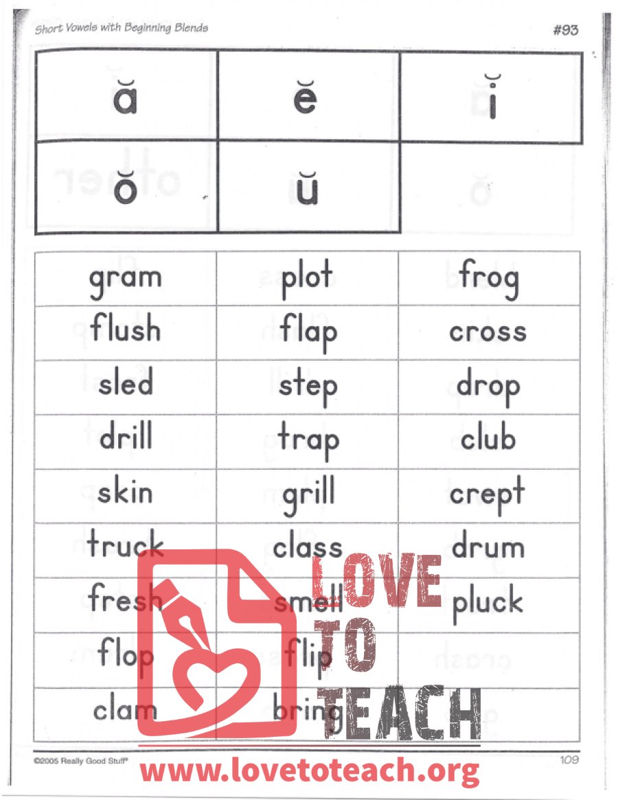 Short Vowels with Beginning Blends - a, e, i, o, u