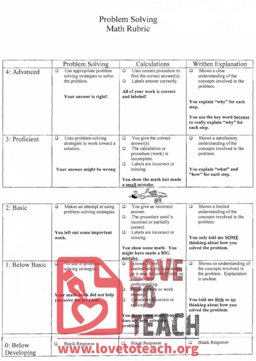 math problem solving rubric grade 4