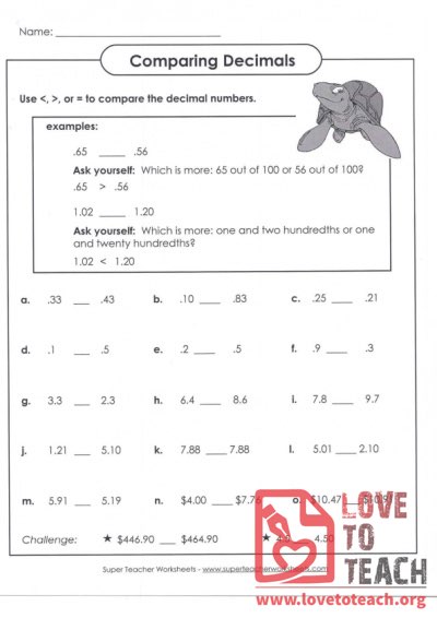 Comparing Decimals (with Answer Key)