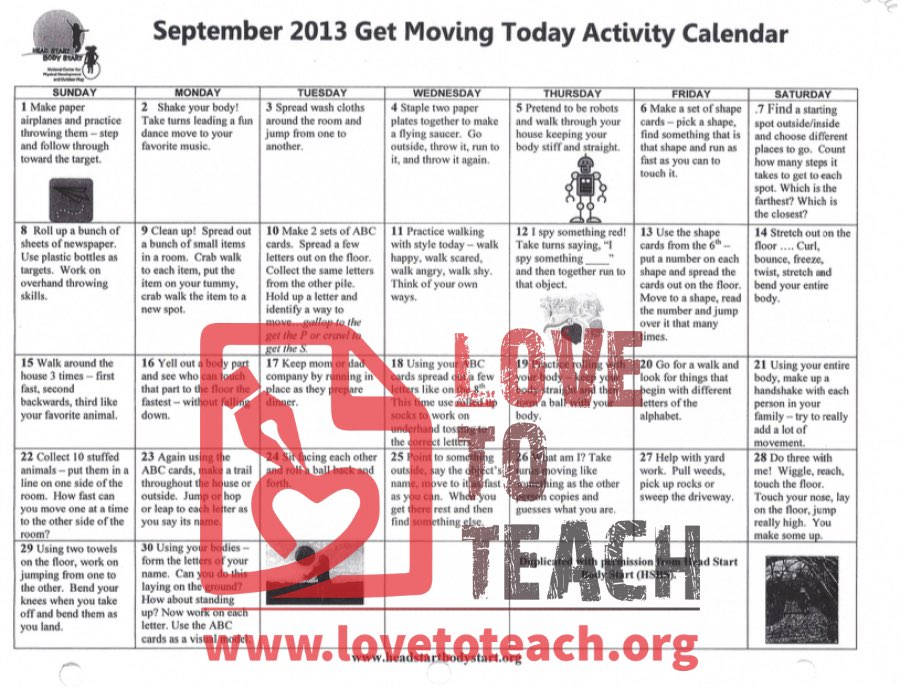 September 2013 Get Moving Today Activity Calendar