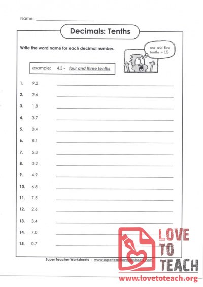 Decimals - Tenths - Numbers to Words (with Answer Key)