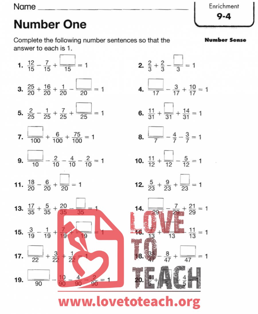 Number One - Fraction Enrichment | LoveToTeach.org