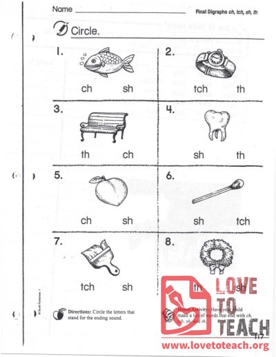 ch, tch, sh, th - Final Digraphs - circle the letters