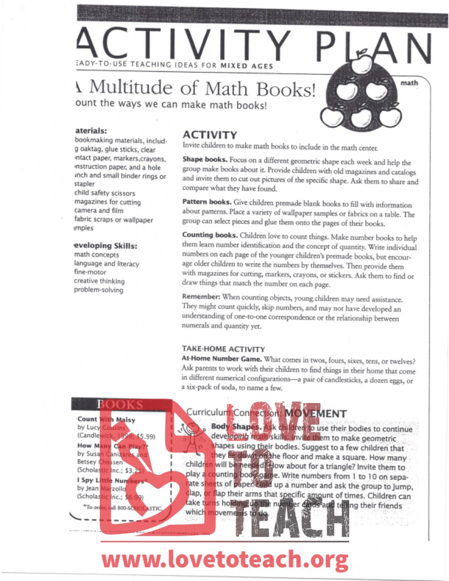 Activity Plan (mixed ages) A Multitude of Math Books